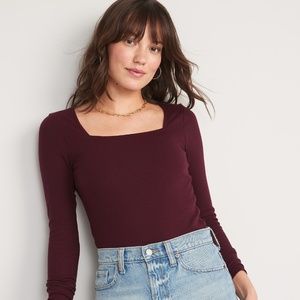 Long-Sleeve Square-Neck Rib-Knit Bodysuit